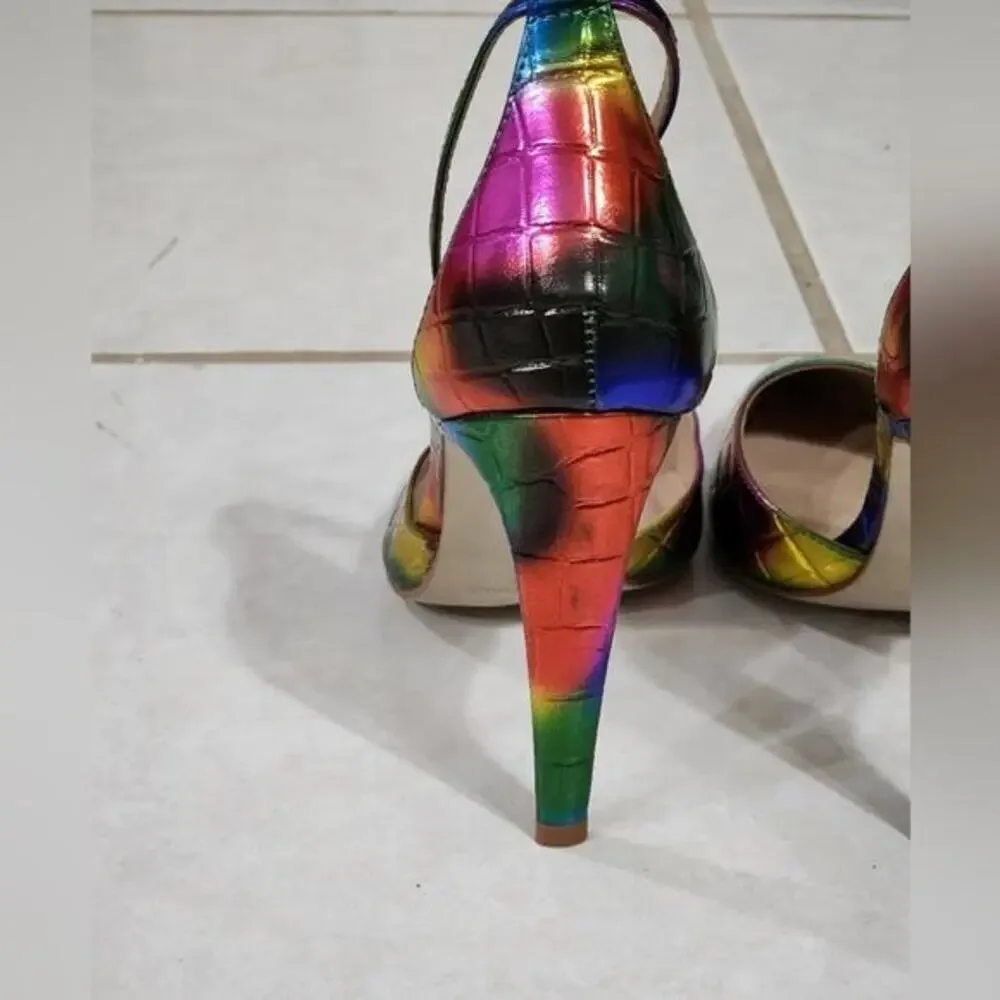 Steve Madden Rainbow Iridescent Pointed Ankle‎ Strap Heels Pumps Women's Size 8